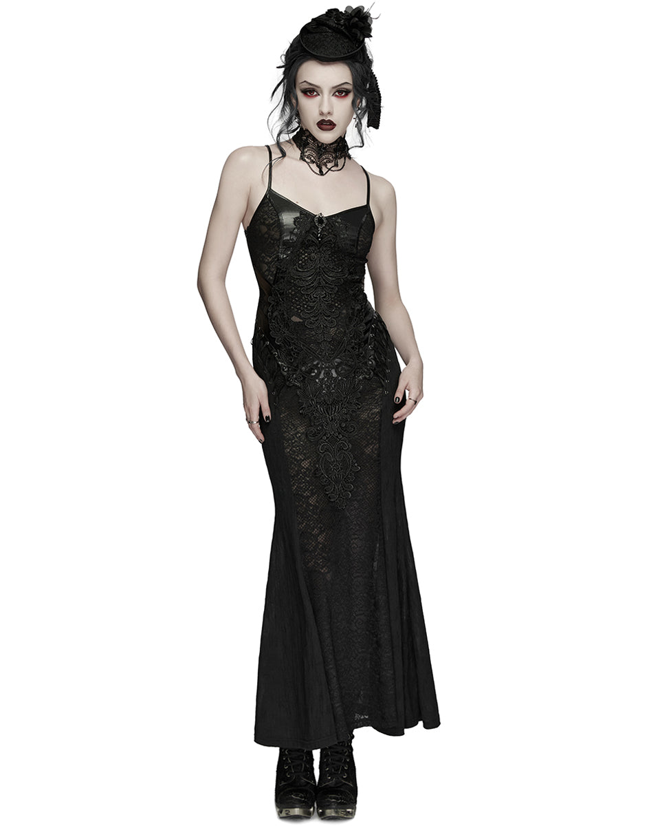 PR-WQ-934LQF-BKF Womens Long Elegant Gothic Lace Inset Applique Maxi Dress