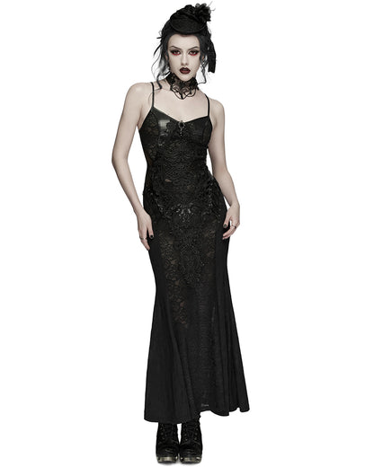 PR-WQ-934LQF-BKF Womens Long Elegant Gothic Lace Inset Applique Maxi Dress