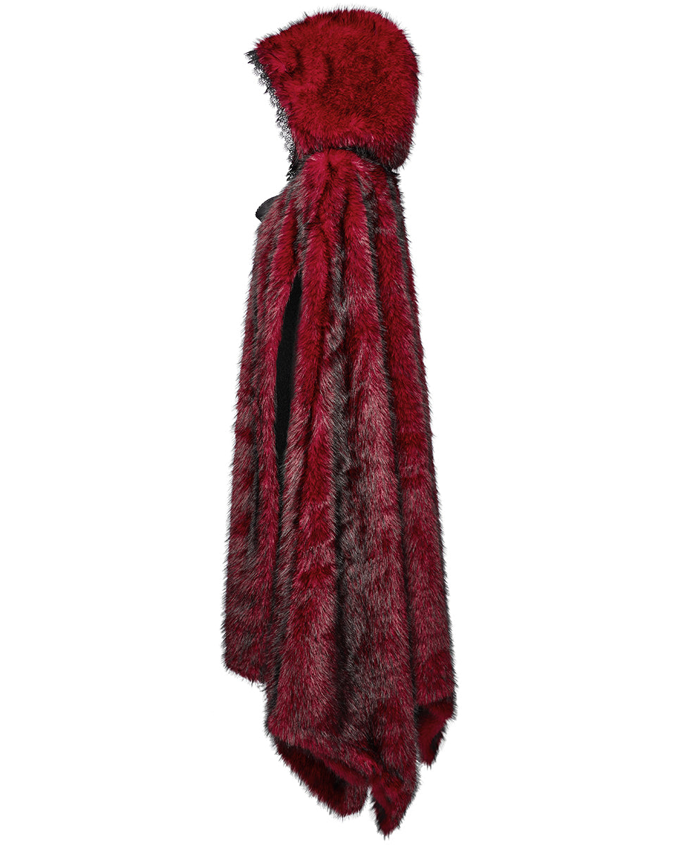 WY-1663DPF Womens Long Gothic Faux Fur Asymmetric Hooded Winter Cloak - Red