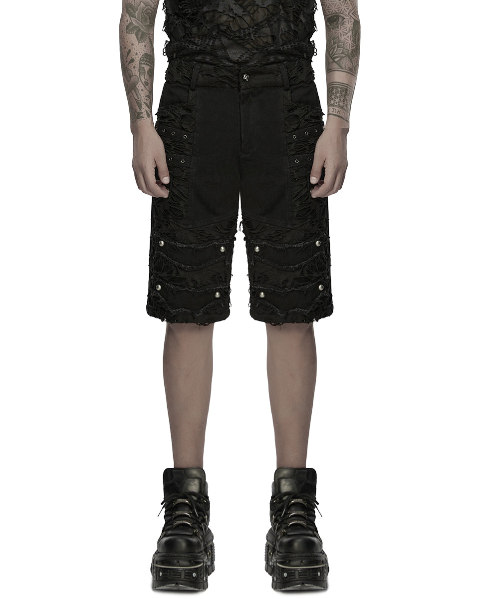 WK-733XDM-BKM Mens Apocalyptic Punk Studded & Shredded Cutoff Shorts
