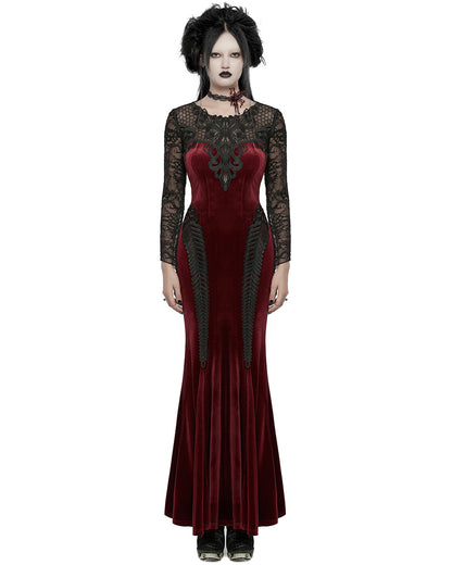 WQ-763LQF Womens Long Gothic Velvet & Lace Applique Maxi Dress - Red