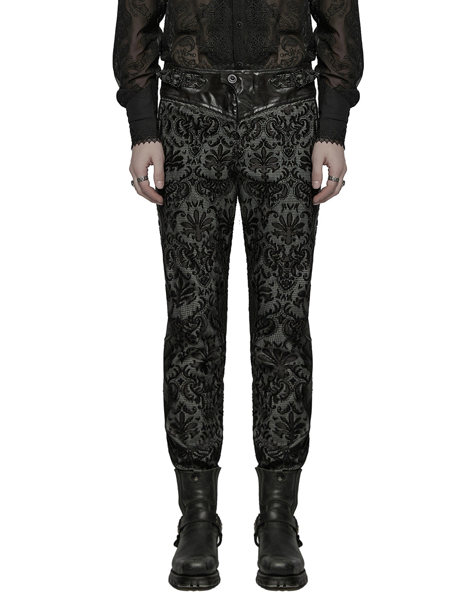 WK-725XCM-BKWHM Mens Gothic Aristocrat Embroidered Damask Houndstooth Dress Pants