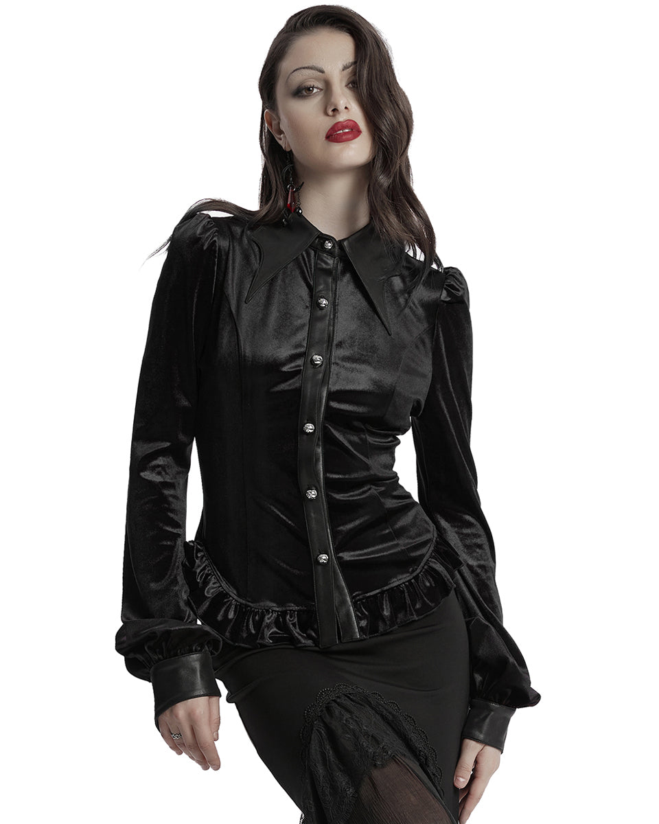 OY-1697DQF-BKF Daily Life Gothic Gradient Velvet Bat Collar Blouse Top - Black