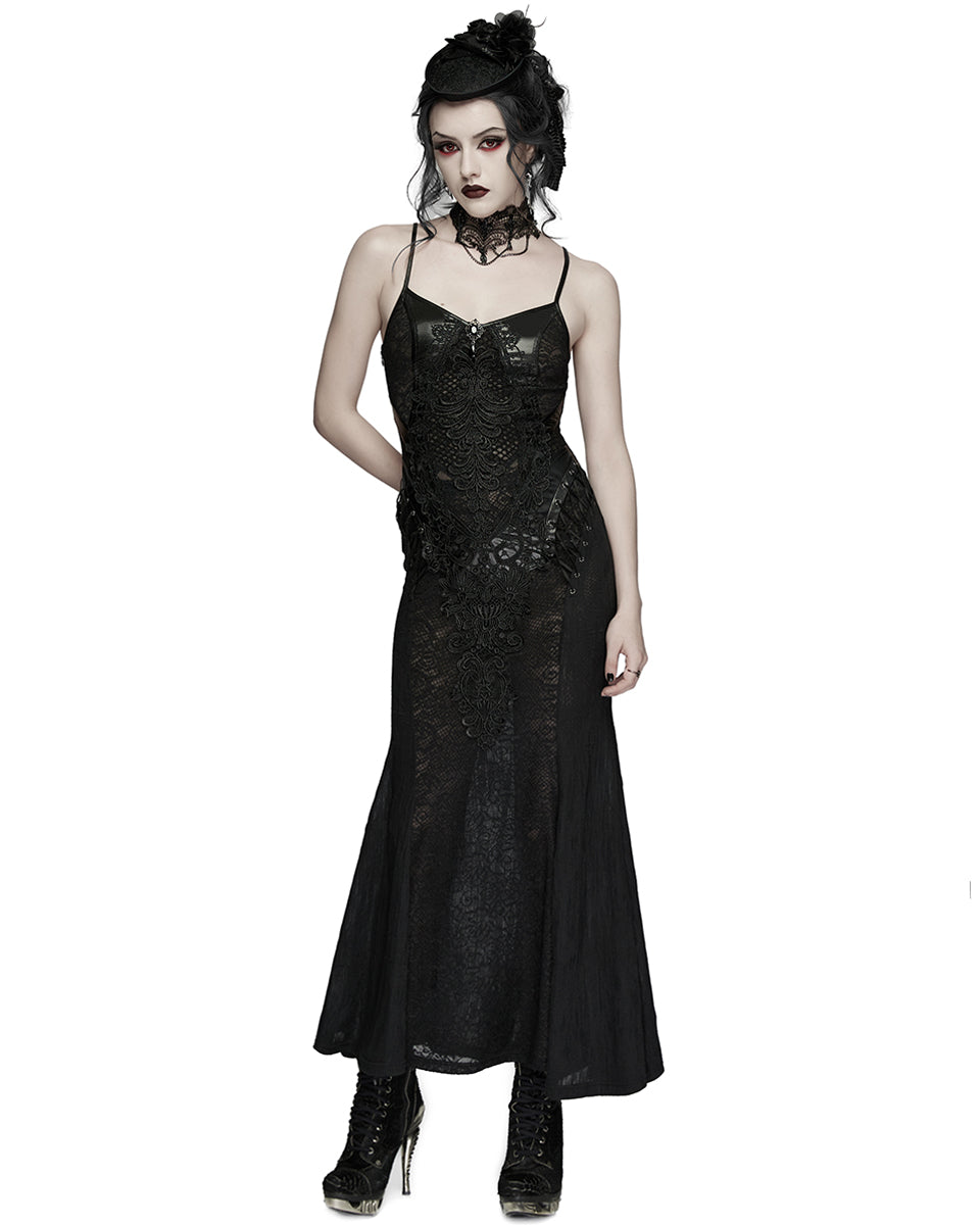 PR-WQ-934LQF-BKF Womens Long Elegant Gothic Lace Inset Applique Maxi Dress