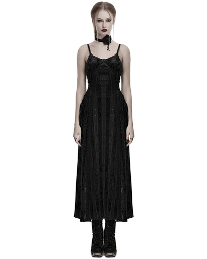 OQ=856LQF Daily Life Womens Long Gothic Crushed Velvet Applique Maxi Dress - Black