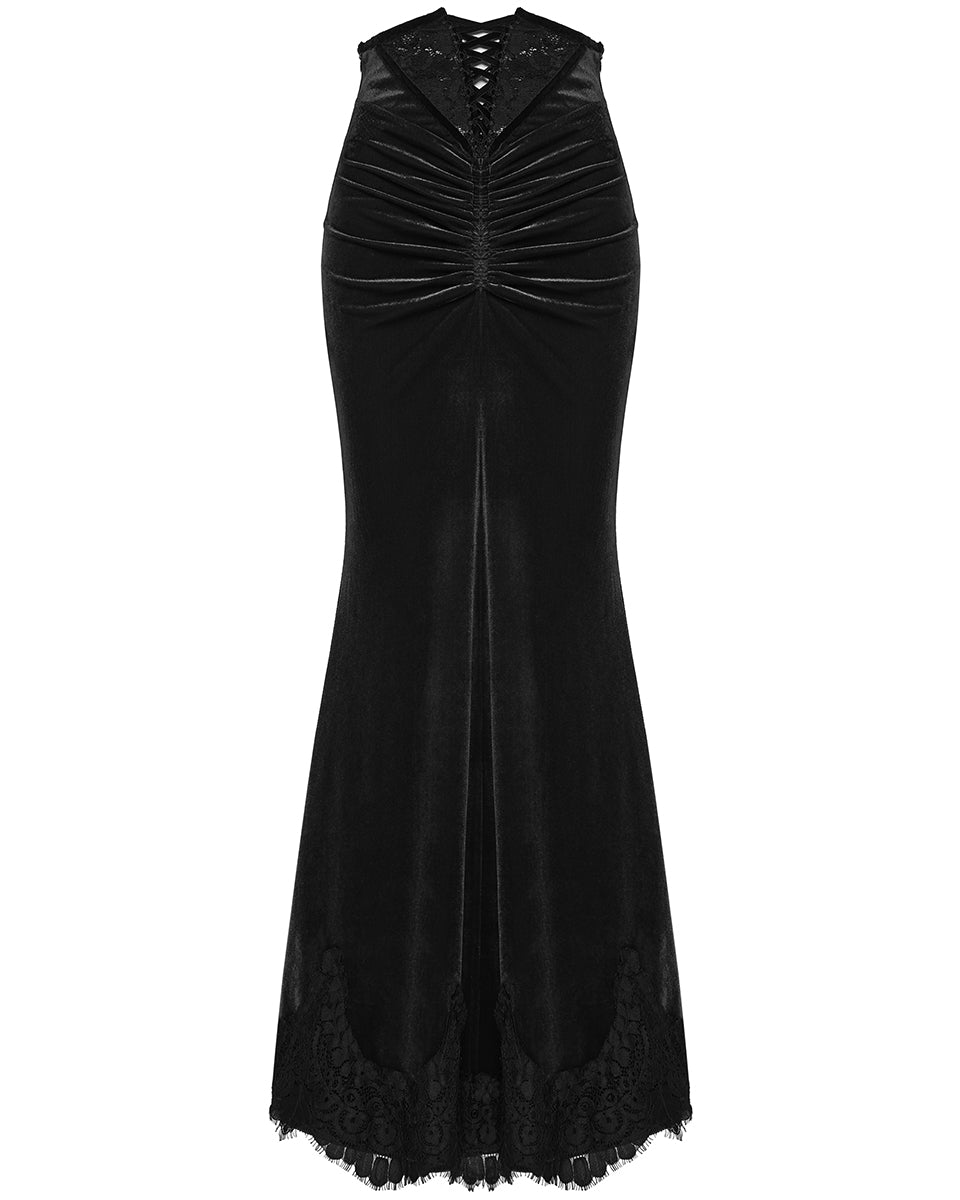 PR-OQ-844BQF-BKF Daily Life Womens Long Gothic Velvet Ruched Split Waist Skirt - Black
