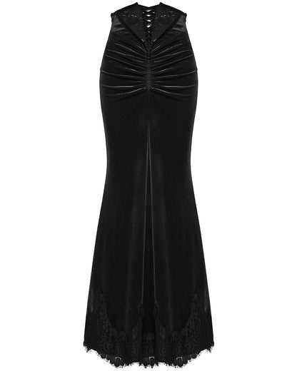 PR-OQ-844BQF-BKF Daily Life Womens Long Gothic Velvet Ruched Split Waist Skirt - Black