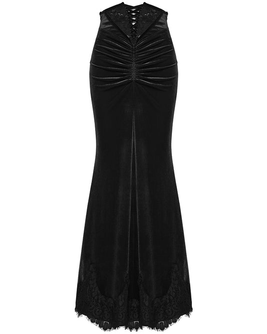 PR-OQ-844BQF-BKF Daily Life Womens Long Gothic Velvet Ruched Split Waist Skirt - Black
