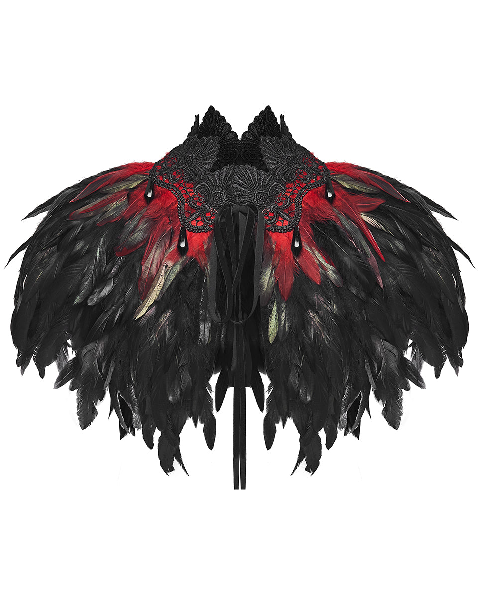 WS-807QTF Womens Gothic Burlesque Feathered Shawl Cape - Black & Red