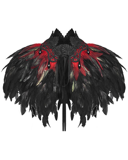 WS-807QTF Womens Gothic Burlesque Feathered Shawl Cape - Black & Red