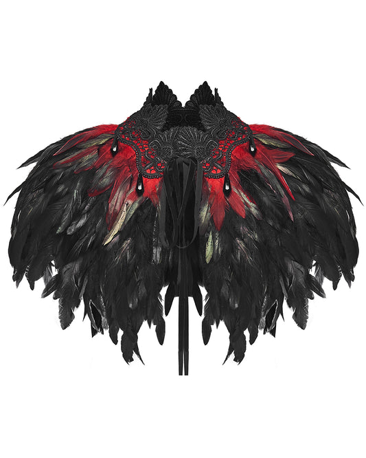 WS-807QTF Womens Gothic Burlesque Feathered Shawl Cape - Black & Red