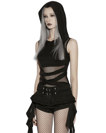 PR-OT-1084TDF-BKF Daily Life Womens Gothic Wasteland Fishnet Contrast Hooded Vest Top