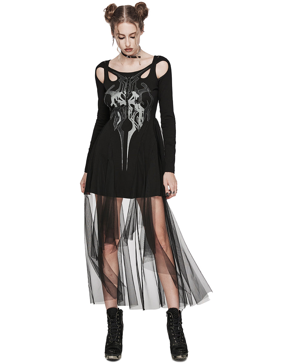 WQ-694LQF-BKF Daily Life Studded Dark CyberPunk Print Dress