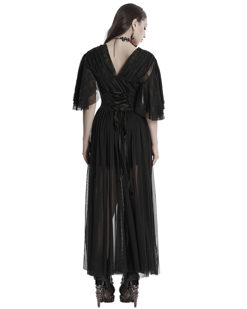 OQ-805LQF Daily Life Long Gothic Rose Lace & Pleated Mesh Lace Up Maxi Dress