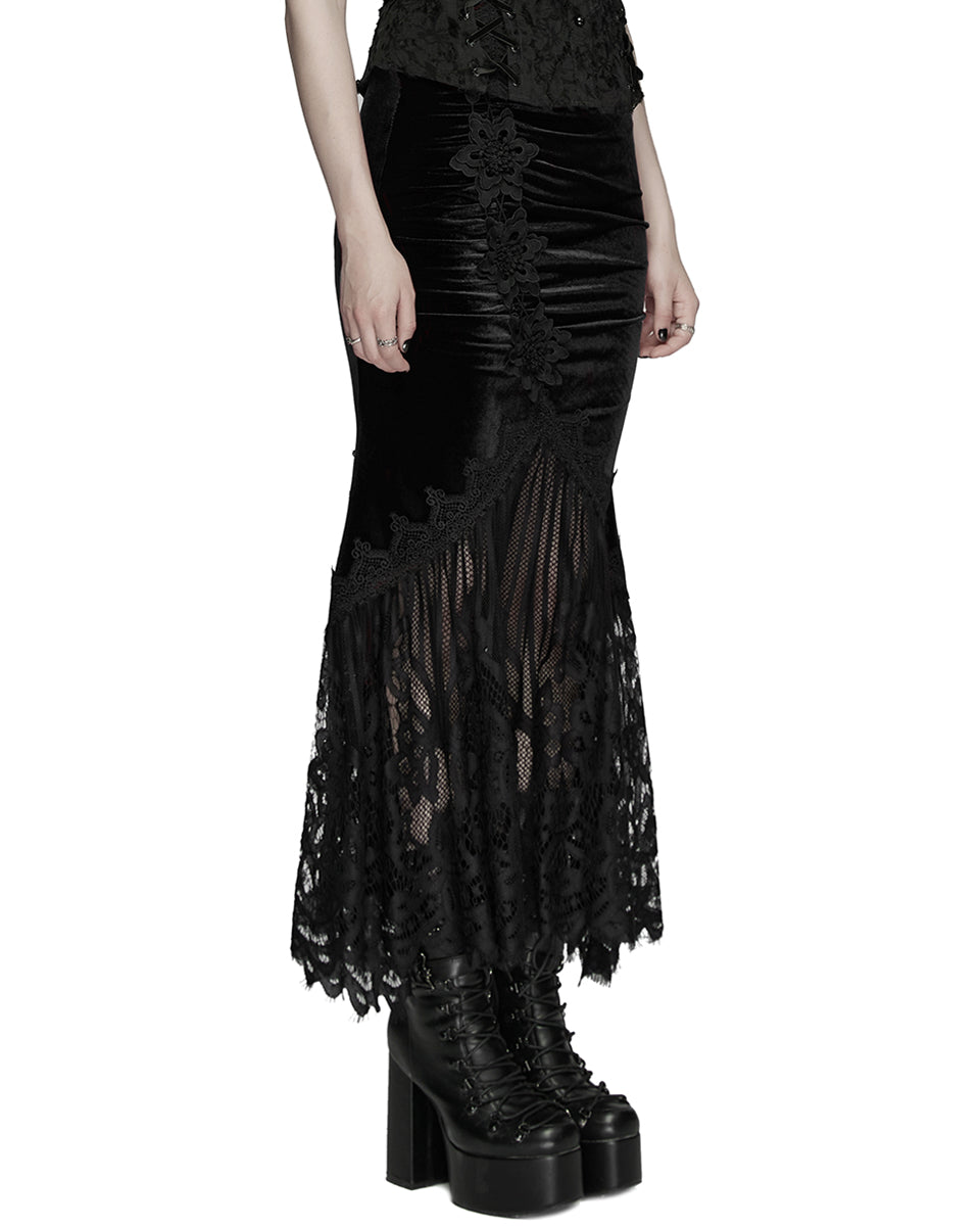 WQ-833BQF Womens Gorgeous Gothic Ruched Velvet & Lace Long Fishtail Skirt