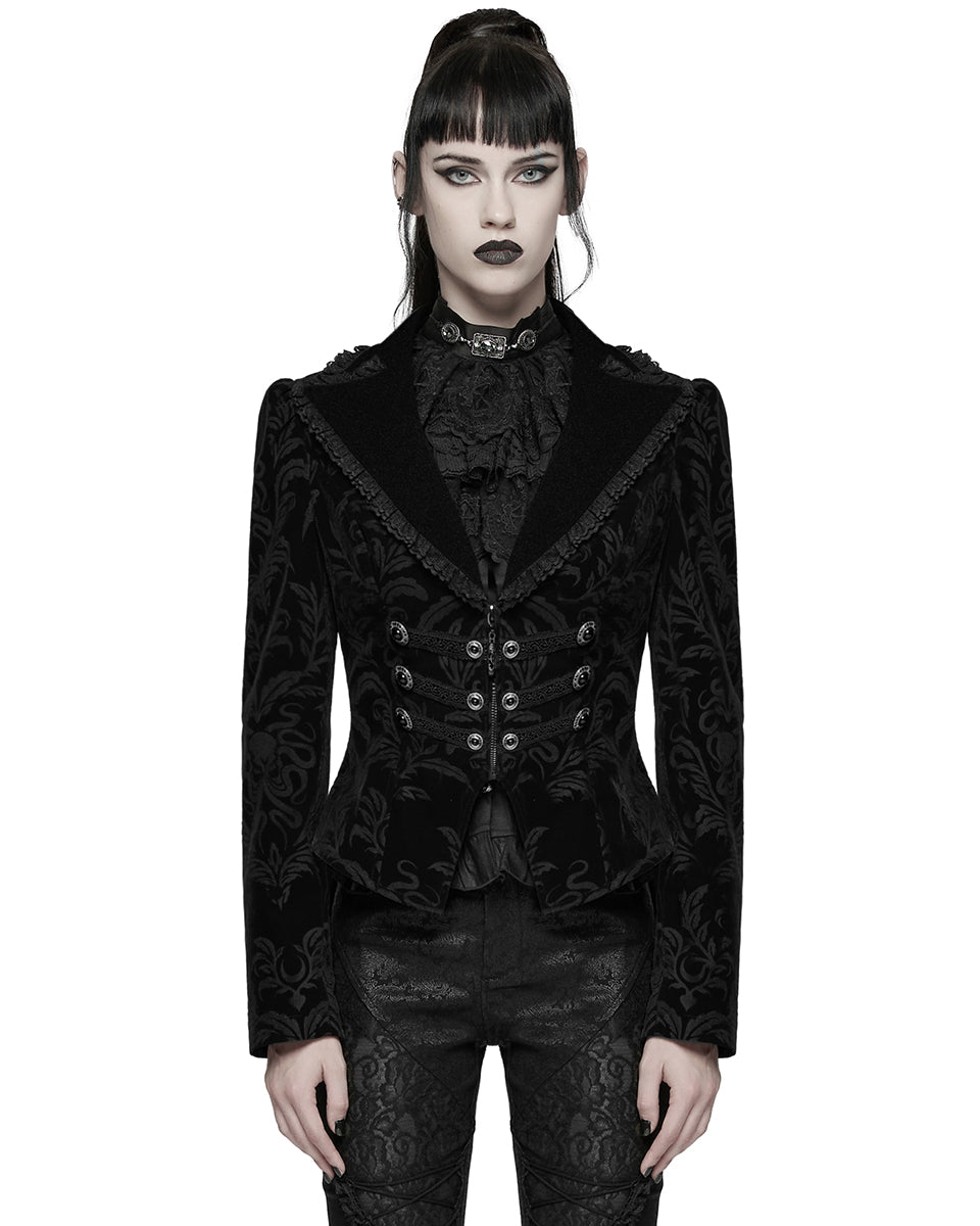 WY-1833LDF Womens Gothic Aristocrat Damask Velvet Frock Coat Jacket - Black