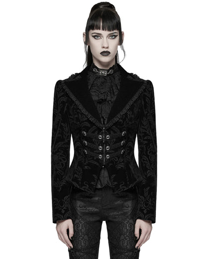 WY-1833LDF Womens Gothic Aristocrat Damask Velvet Frock Coat Jacket - Black