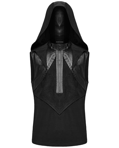 WT-892BXM-BKM Mens Gothic CyberPunk Sectional Hooded Tank Top Vest