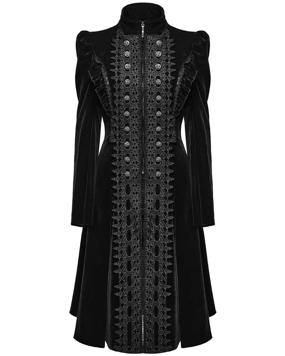 WY-1633XCF Womens Gothic Velvet Embellished Mid Length Military Coat - Black