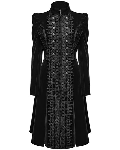 WY-1633XCF Womens Gothic Velvet Embellished Mid Length Military Coat - Black