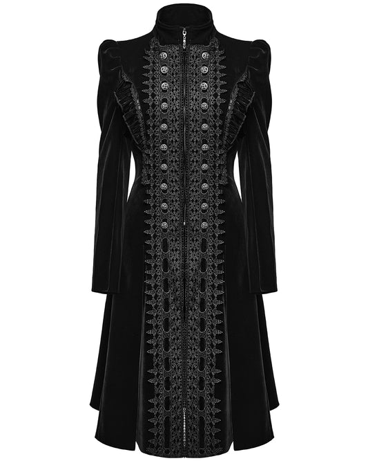 WY-1633XCF Womens Gothic Velvet Embellished Mid Length Military Coat - Black