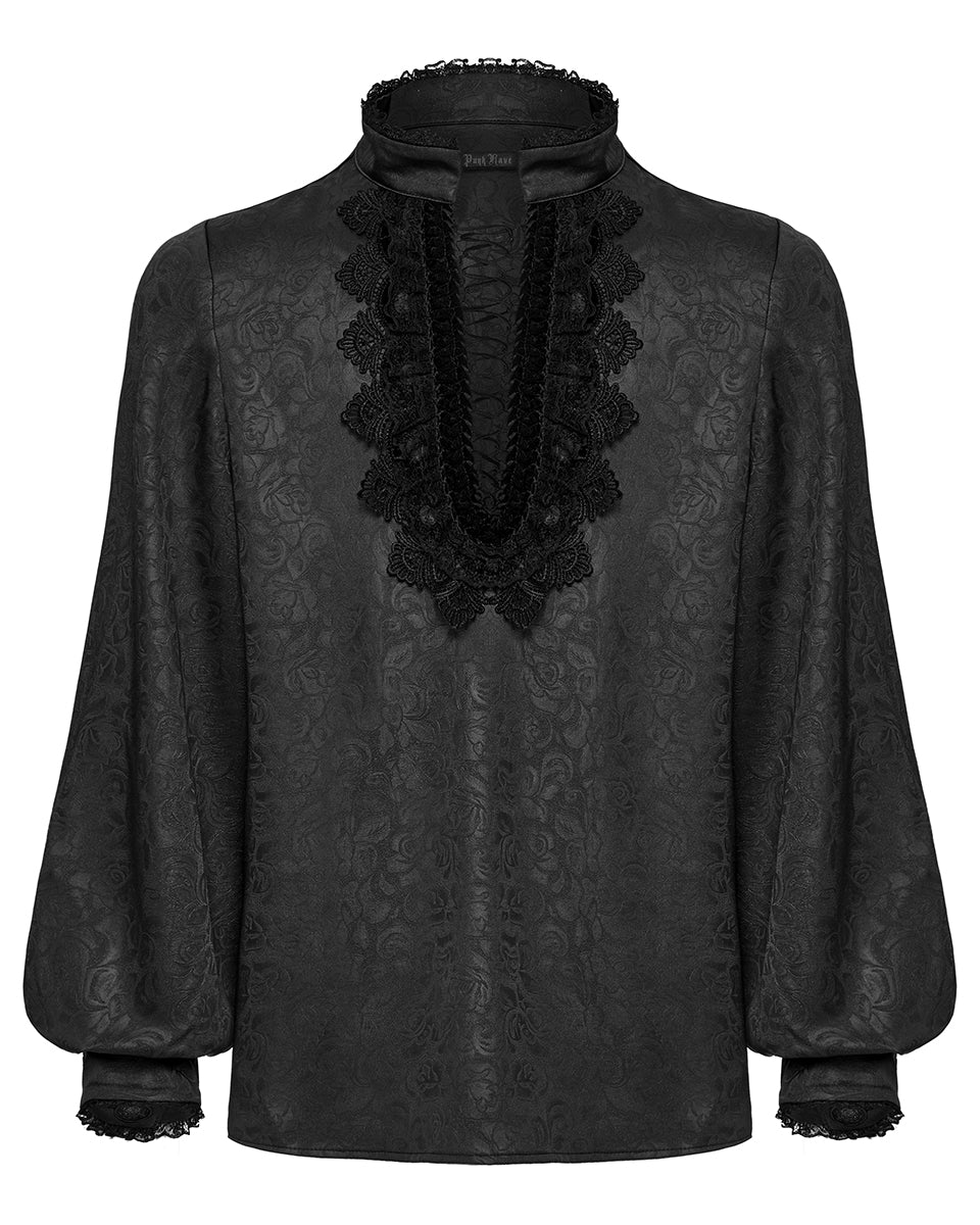WY-1785 Mens Gothic Embossed Print Lace-Up Pirate Shirt - Black