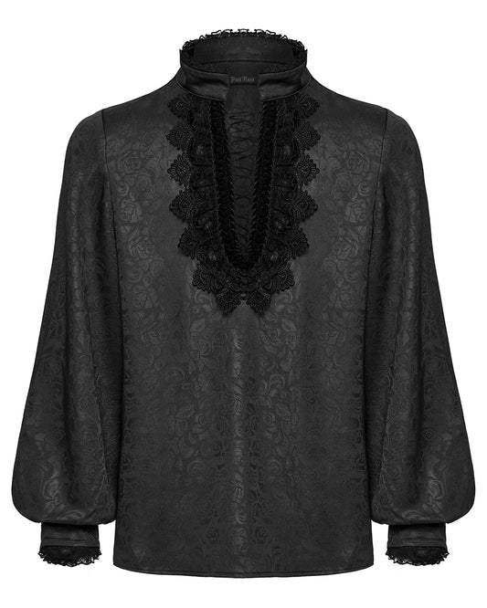 WY-1785 Mens Gothic Embossed Print Lace-Up Pirate Shirt - Black
