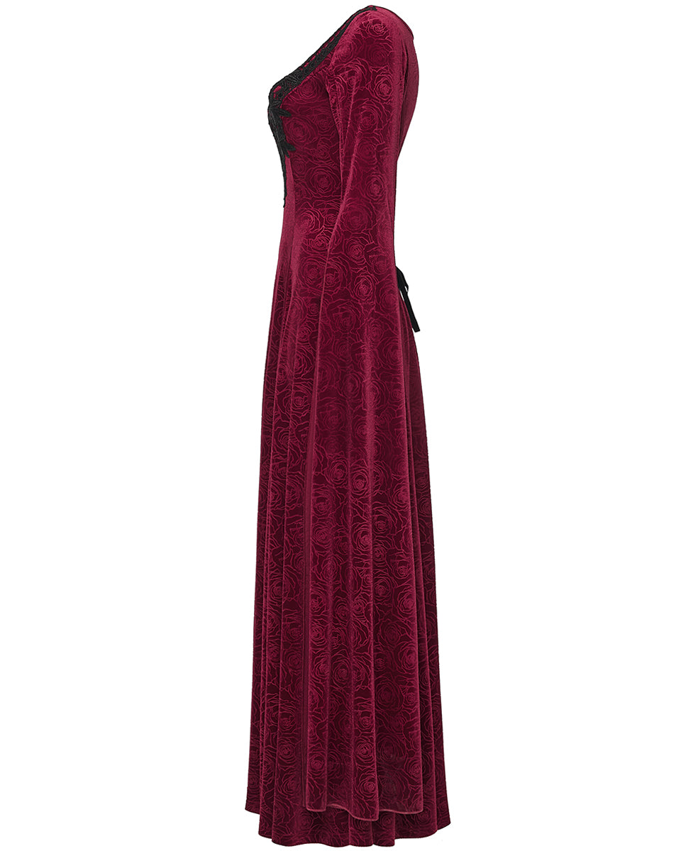 WQ-896LQF Womens Long Gothic Rose Velvet Flared Split Sleeve Maxi Dress - Red