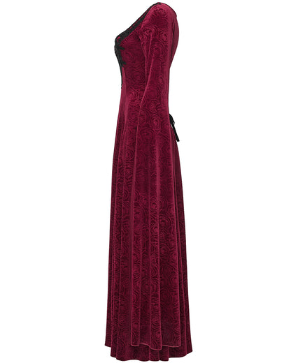 WQ-896LQF Womens Long Gothic Rose Velvet Flared Split Sleeve Maxi Dress - Red