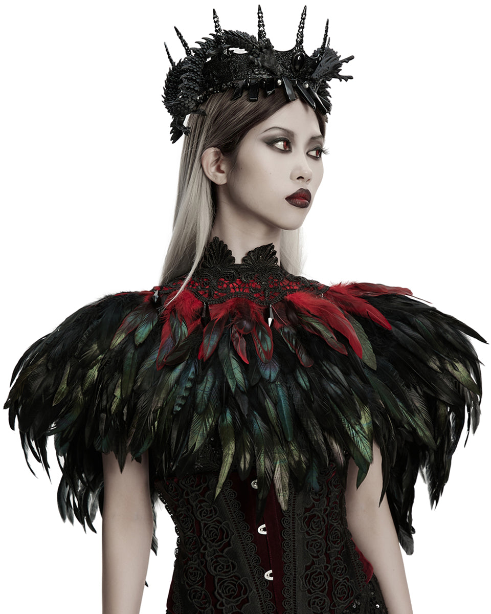 WS-807QTF Womens Gothic Burlesque Feathered Shawl Cape - Black & Red