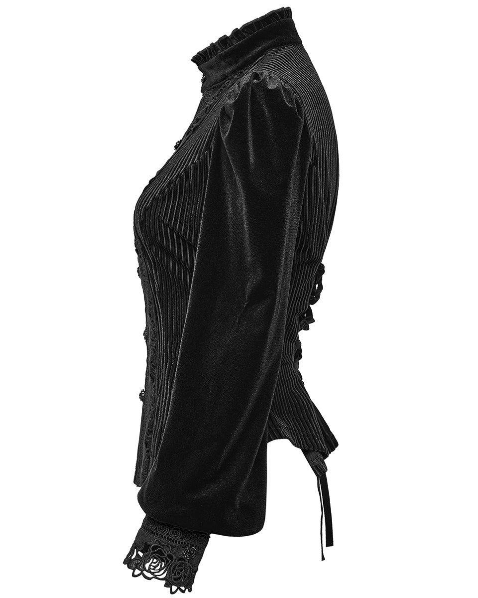WY-1798CCF Womens Elegant Gothic Striped Velvet & Lace Applique Blouse Top - Black