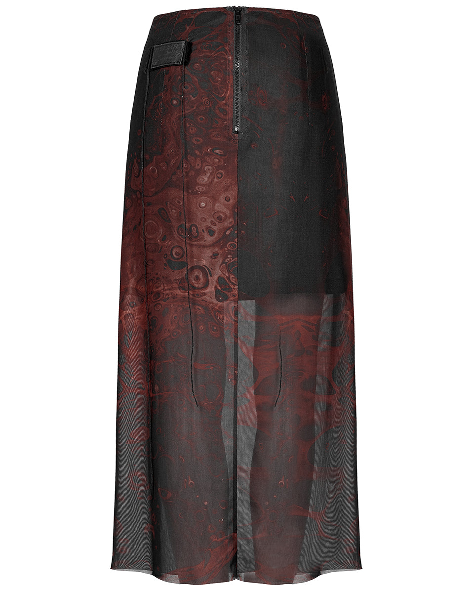 OPQ-1401 Daily Life Womens Cyberpunk Layered Gauze Midi Skirt - Black & Red