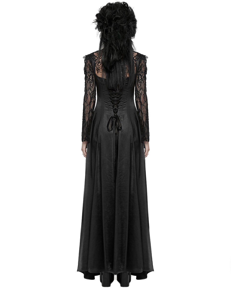 WQ-748LQF Womens Long Gothic Sateen Maxi Dress With Embroidered Lace Contrast