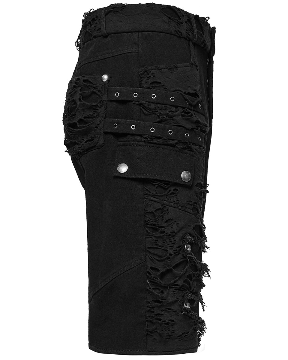 WK-733XDM-BKM Mens Apocalyptic Punk Studded & Shredded Cutoff Shorts