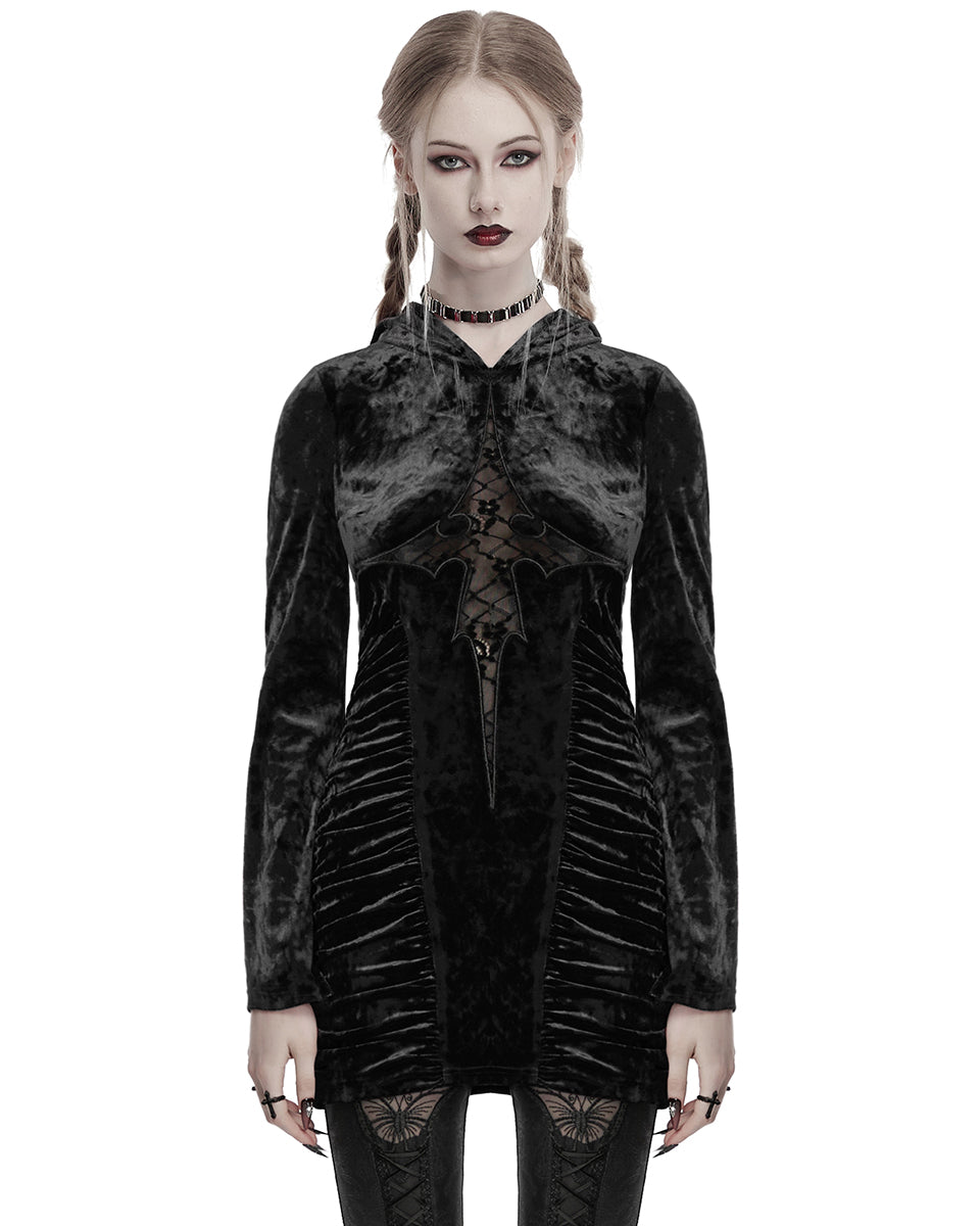 OQ-840LQF Daily Life Womens Dark Gothic Lace Crucifix Hooded Bodycon Dress