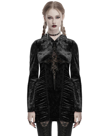 OQ-840LQF Daily Life Womens Dark Gothic Lace Crucifix Hooded Bodycon Dress