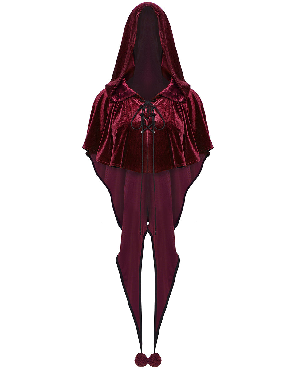 OPY-444DQF Daily Life Womens Velvet Gothic Lolita Hooded Split Tails Bolero Cape - Red