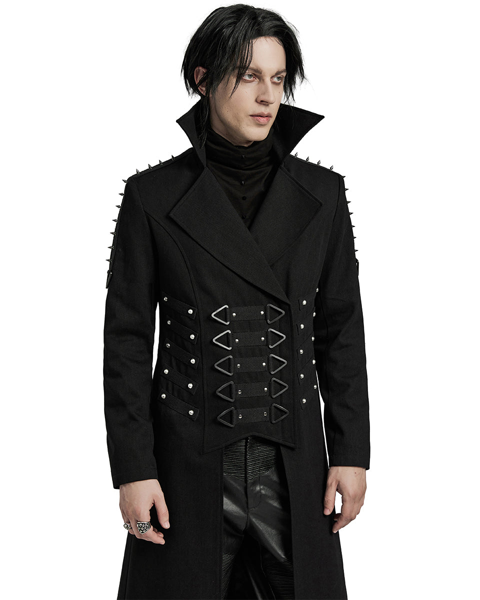 WY-1609XCM-BKM Mens Long Industrial Gothic Punk Studded Trench Coat