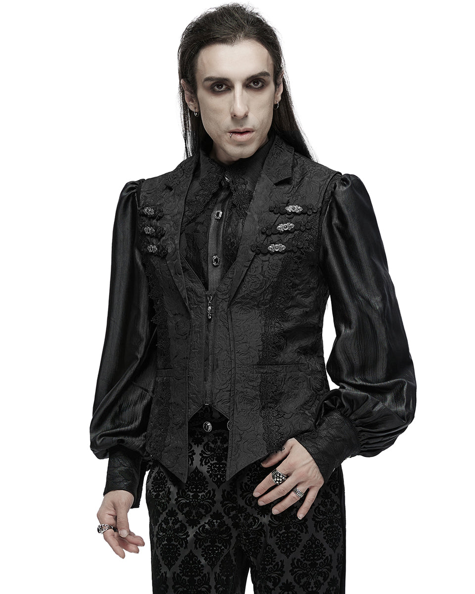 WY-1677MJM-BKM Mens Gothic Jacquard Rose Lace Applique Waistcoat Vest - Black