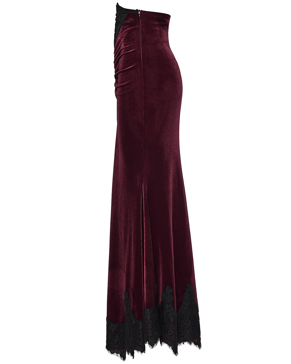 PR-OQ-844BQF-RDF Daily Life Womens Long Gothic Velvet Ruched Split Waist Skirt - Red
