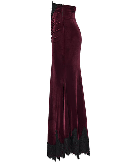 PR-OQ-844BQF-RDF Daily Life Womens Long Gothic Velvet Ruched Split Waist Skirt - Red