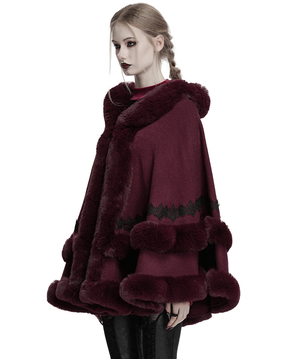 OM-092HMF Daily Life Womens Plush & Faux Fur Hooded Winter Cloak - Red