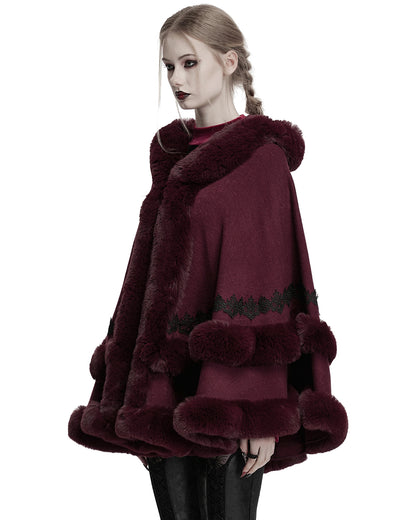 OM-092HMF Daily Life Womens Plush & Faux Fur Hooded Winter Cloak - Red
