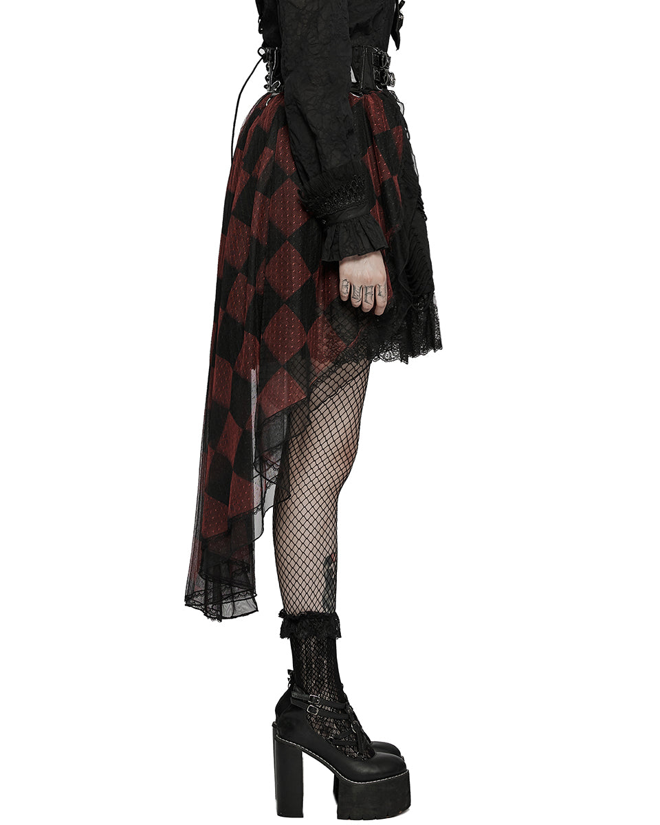 PR-LQ103-BKPRFPyon Pyon Womens Gothic Lolita Sheer Mesh Half-Skirt - Black & Red Check