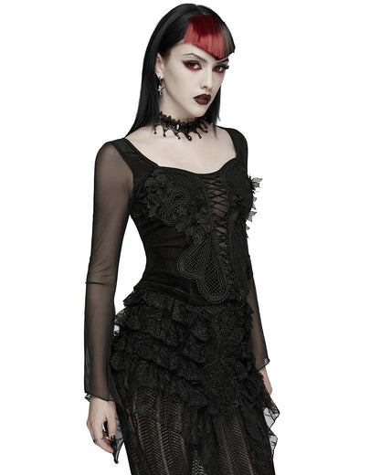 PR-WT-1069TCF-BKF Womens Elegant Gothic Velvet & Mesh Lace Applique Blouse Top