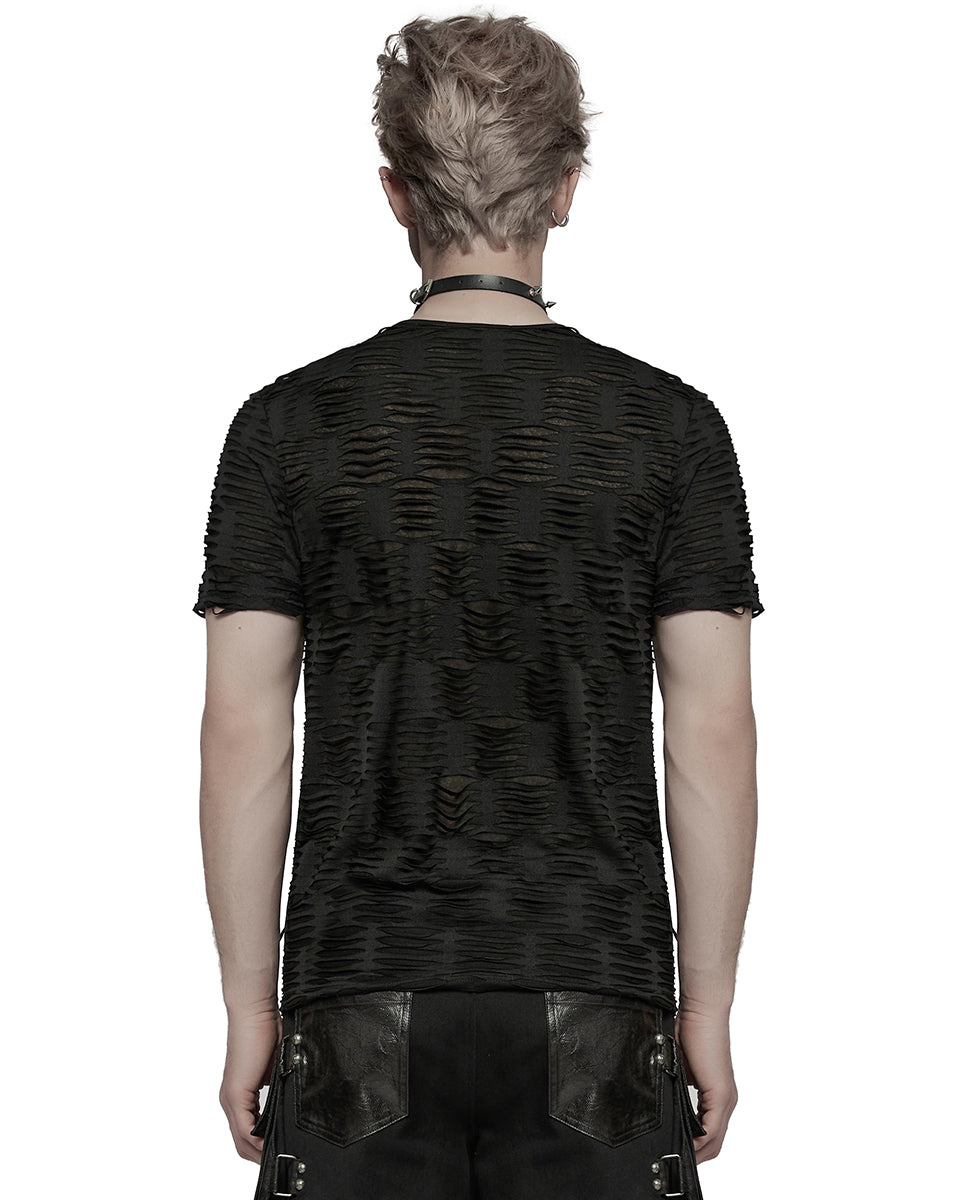 WT-1011TDM-BKM Mens Apocalyptic Gothic Shredded & Studded Broken Knit T Shirt Top