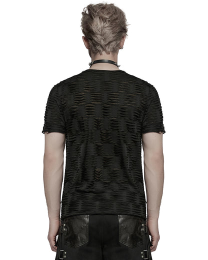 WT-1011TDM-BKM Mens Apocalyptic Gothic Shredded & Studded Broken Knit T Shirt Top