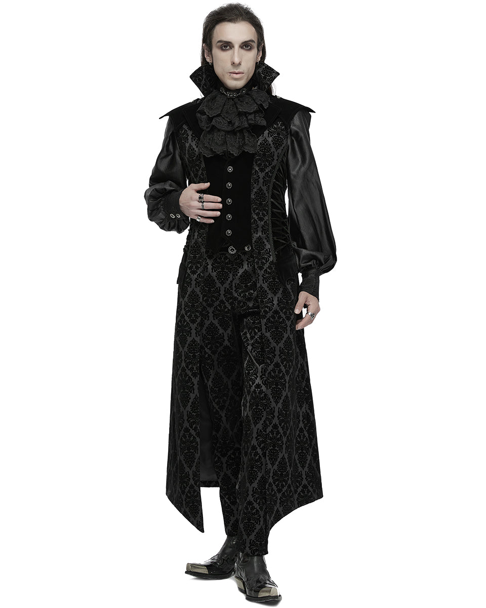 WY-1683MJM Mens Long Regency Gothic Flocked Velvet Damask Waistcoat Vest