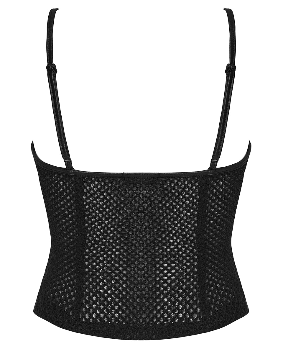 PR-OT-1070DDF-BKF Daily Life Womens Cyberpunk Faux Leather & Mesh Skull Camisole Vest Top