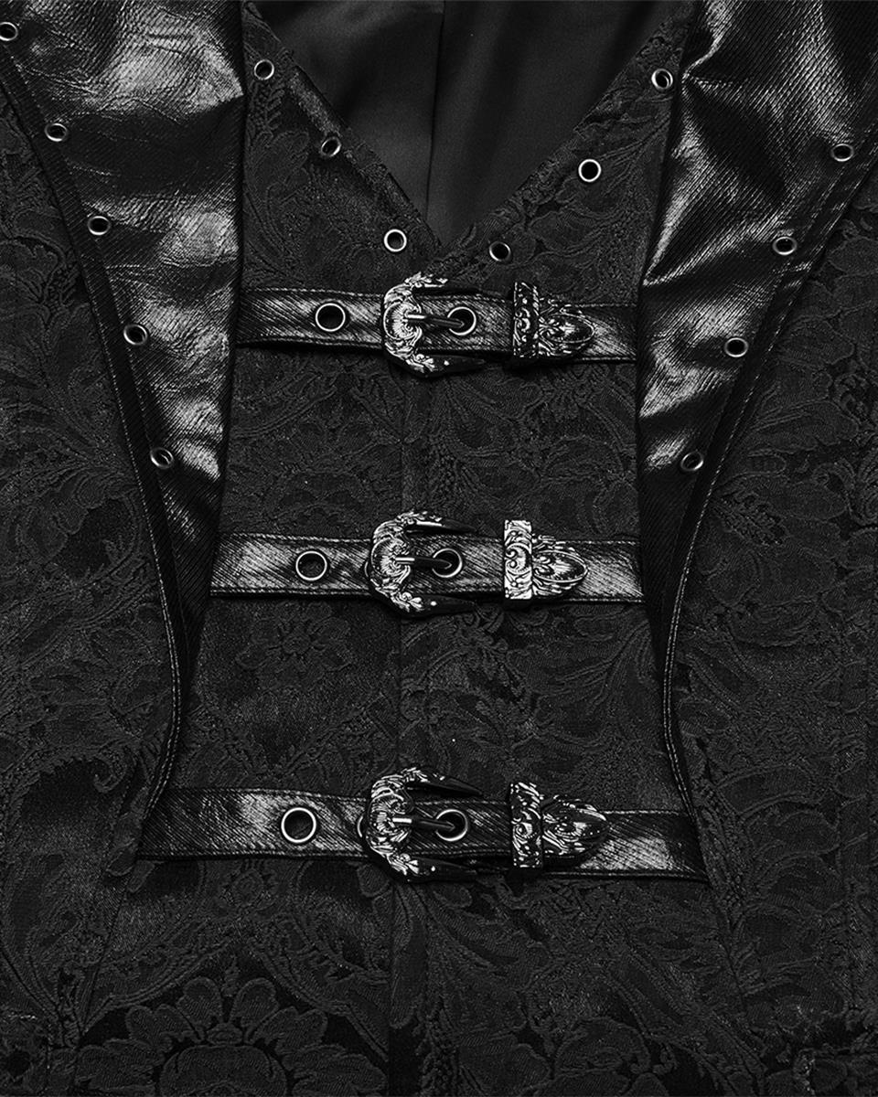WY-1765MJM-BKM Mens Dark Victorian Gothic Damask Jacquard Waistcoat Vest - Black